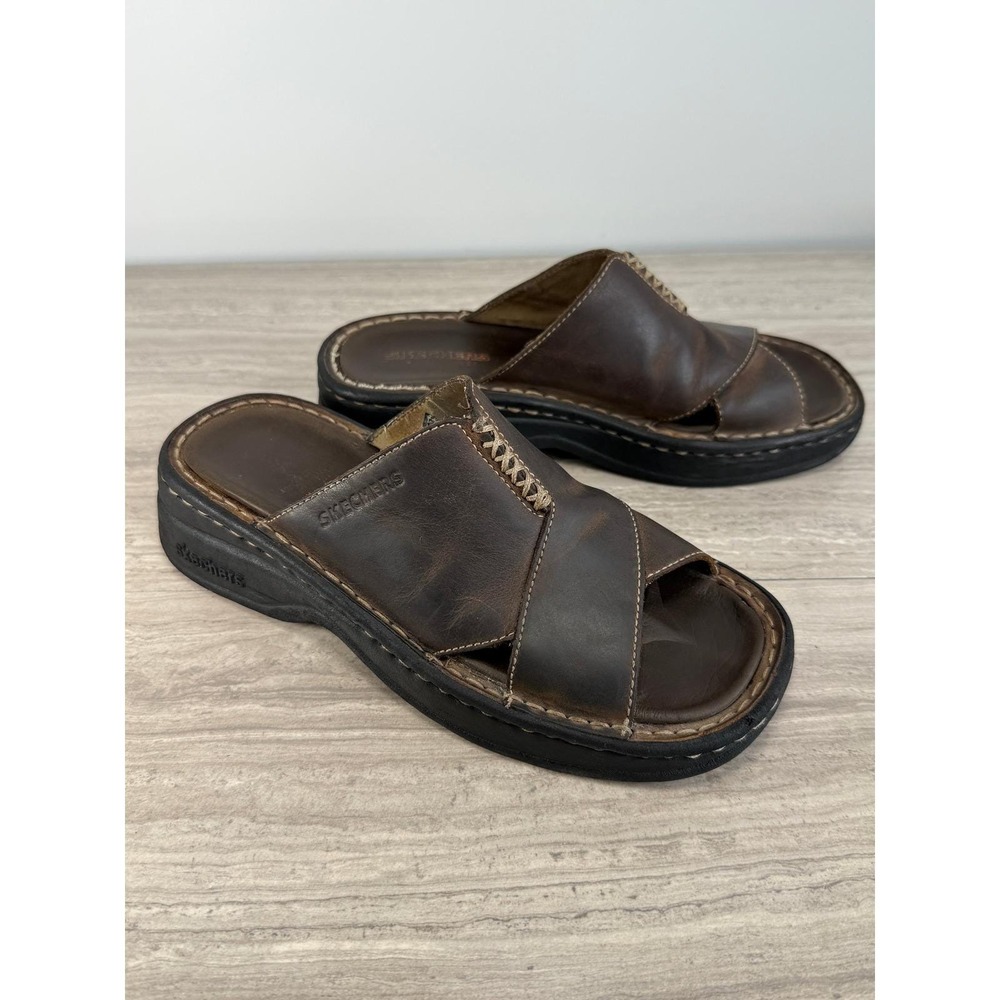 Skechers Sandals Vintage Y2K Brown Distressed Leather Chunky Platform 90s Grunge